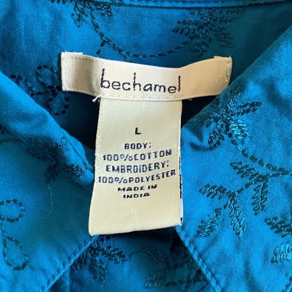 Bechamel Women Button Up Shirt Size LARGE Teal Embroidered Long Sleeve Cotton - Picture 10 of 12